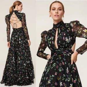 Ieena for Mac Duggal Tie Back Cutout Gown 2 Black Floral Chiffon High Neck Sheer